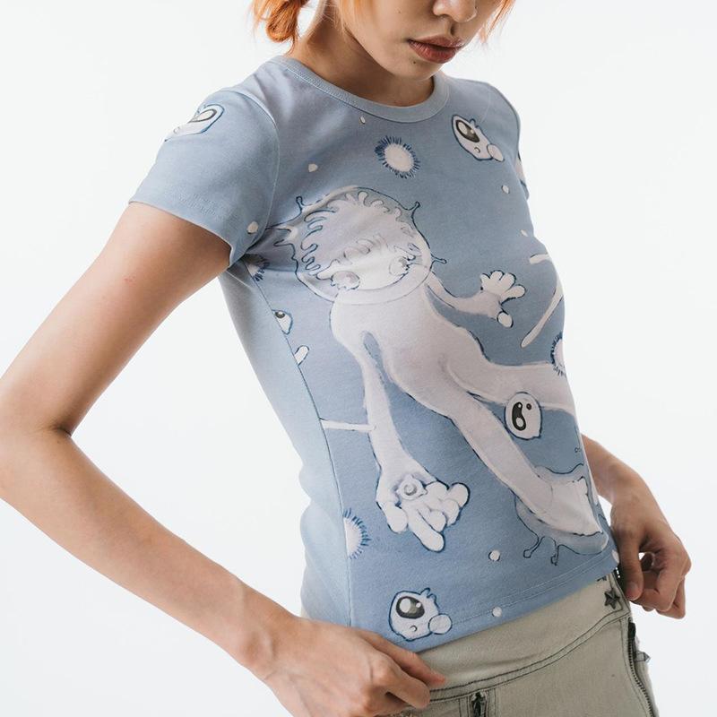 Y2K Street Basic Marine Anime Print Round Neck Slim Fit Short Sleeve T-shirt Top Summer