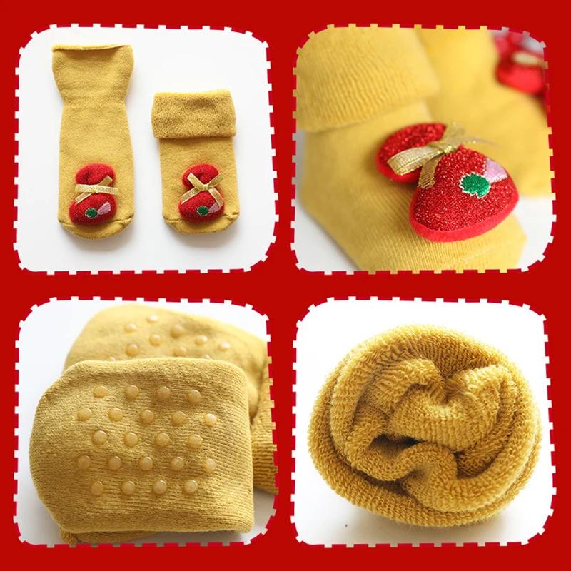 Зимние детские носки для новорожденных с милым рисунком куклы из мультфильма, махровые, утолщенные, нескользящие, теплые, для новорожденных