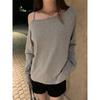 Korean Early Autumn Niche Irregular Off-shoulder Slanted Collar Top T-shirt Women's Collarbone-exposing Bottoming Shirt Stunning Gray Long Sleeves