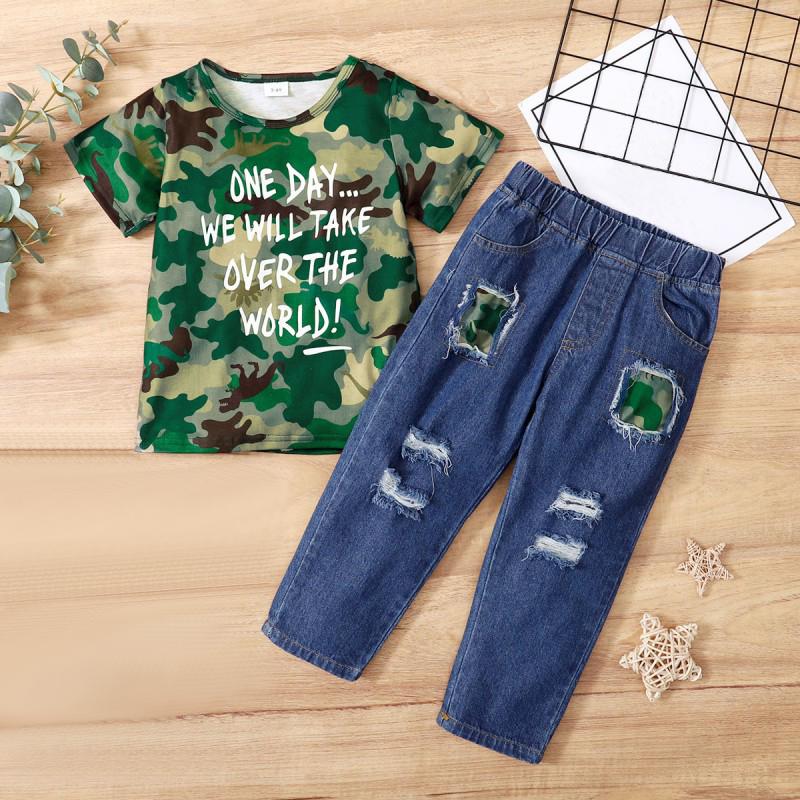 Футболка с камуфляжным принтом для маленьких мальчиков, топы, джинсовые штаны, брюки, комплект одежды, комплект одежды из 2 предметов
