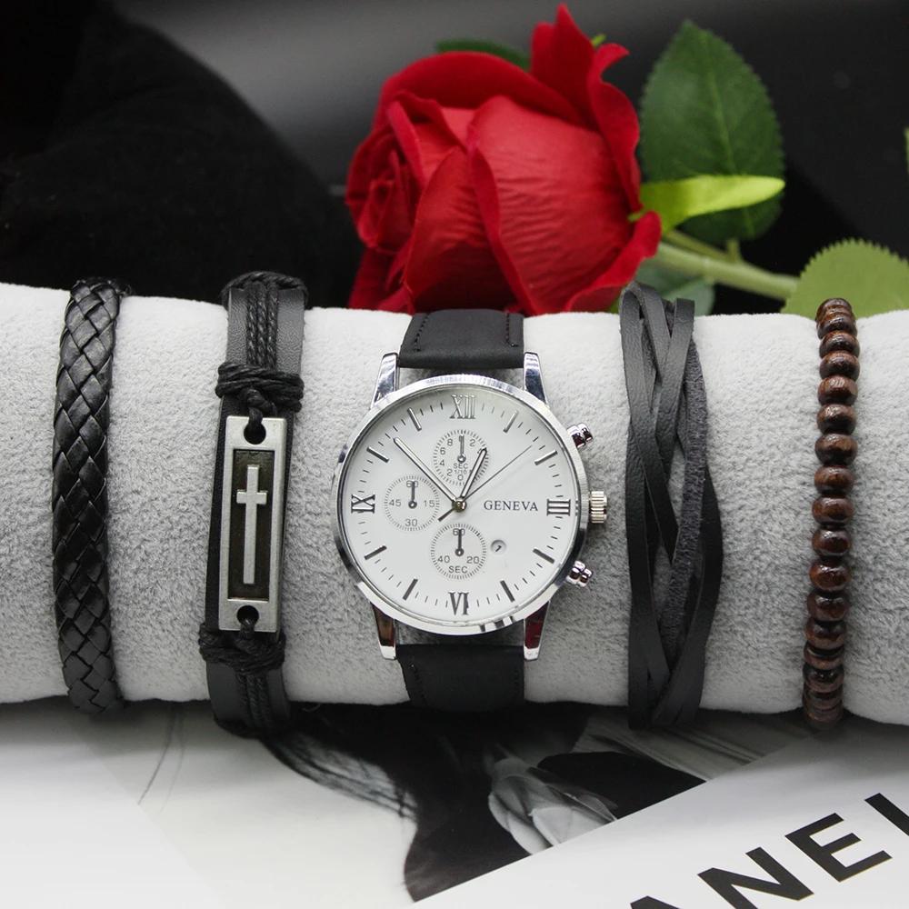 Набор из 5 предметов Мужские повседневные спортивные часы с круглым циферблатомМужские классические часы с браслетом в коробке для занятий спортом на открытом воздухе