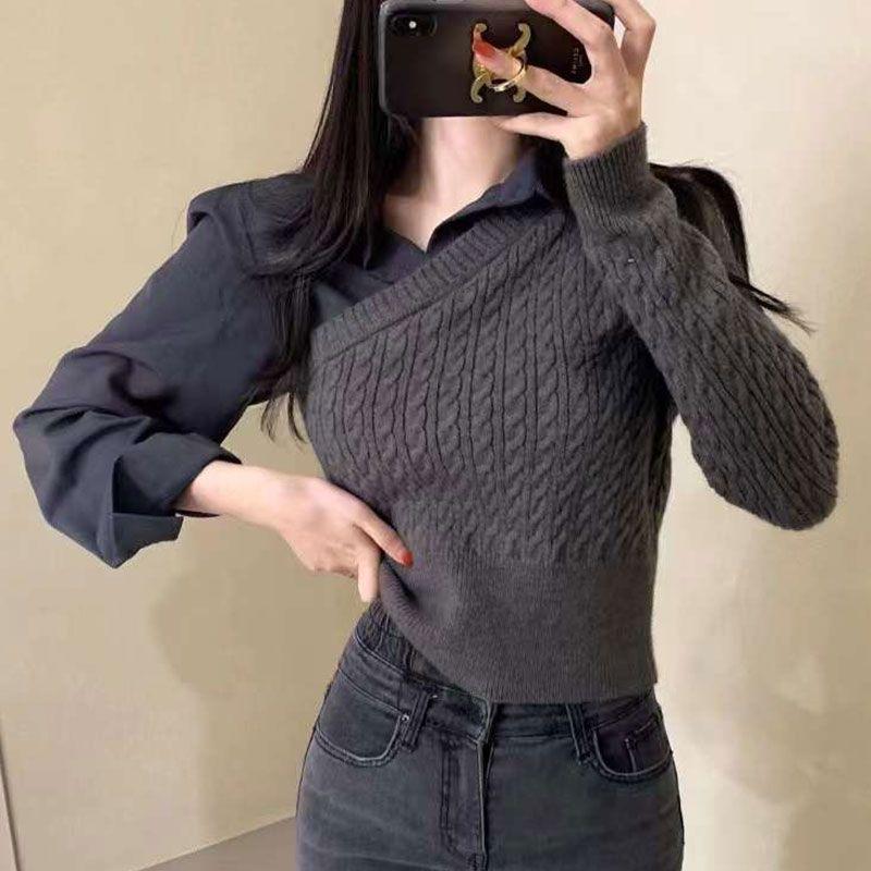 Pullover Korean Chic Autumn Niche Design Lapel Splicing Shirt Fake Two Fried Dough Twists Pattern Knitted Sweater Women
