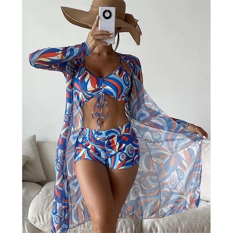 Women Swimsuit High Waist Bikini Set Three Pieces Women Sexy Long Sleeve Cover Up Swimsuit Beach Bathing Suits Swimwear
