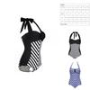 Elegant Plus Size Racy Black Halter Low Cut Beachsuit For Striped Swimwear Women