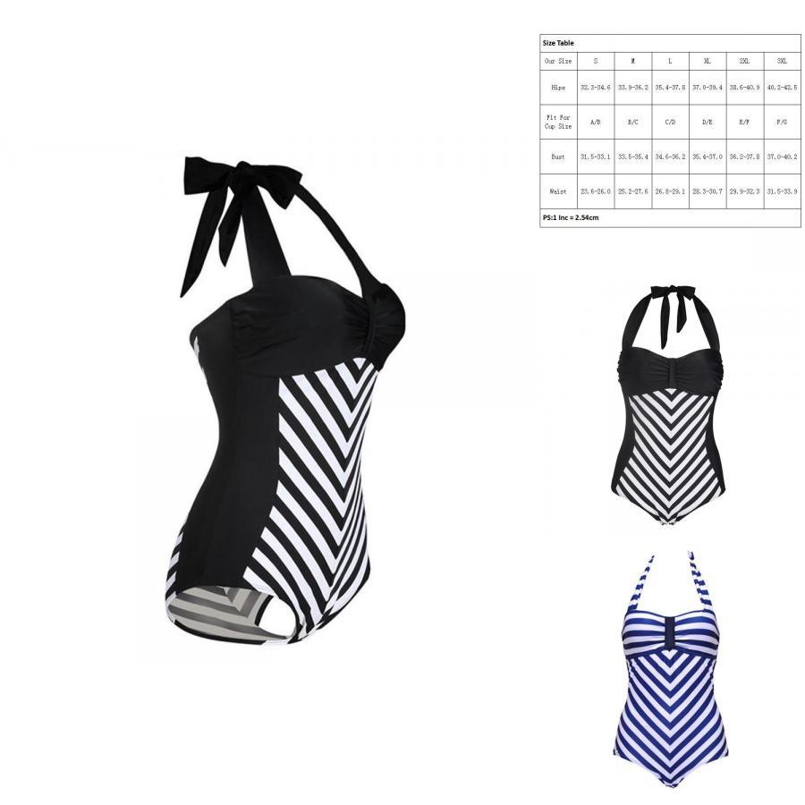 Elegant Plus Size Racy Black Halter Low Cut Beachsuit For Striped Swimwear Women