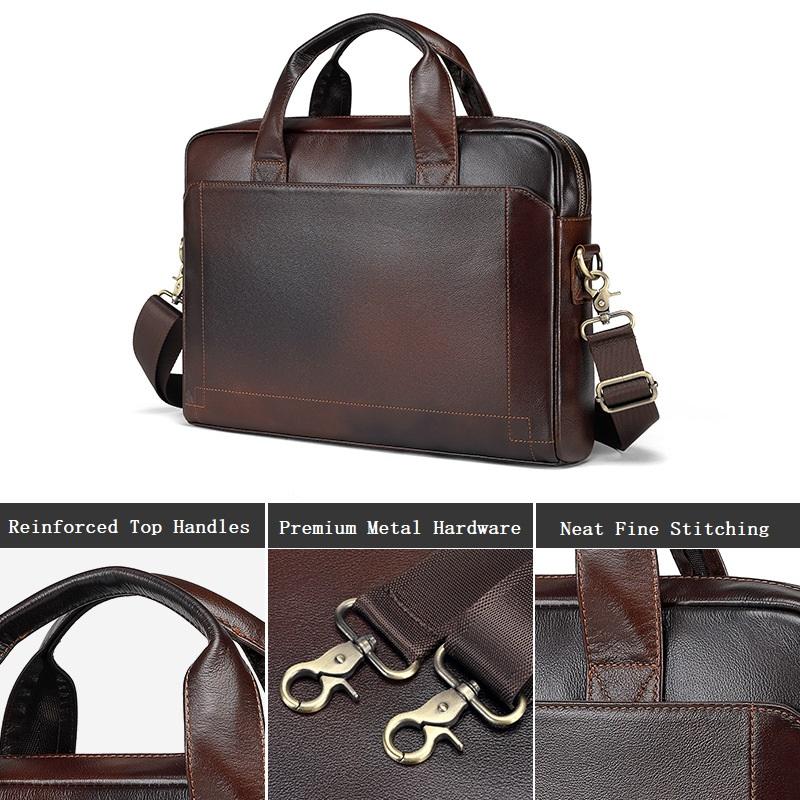 Genuine Top-Grain Cowhide Men's Briefcase, 15.6" Laptop Bag, Business Handbag Crossbody Shoulder Bag