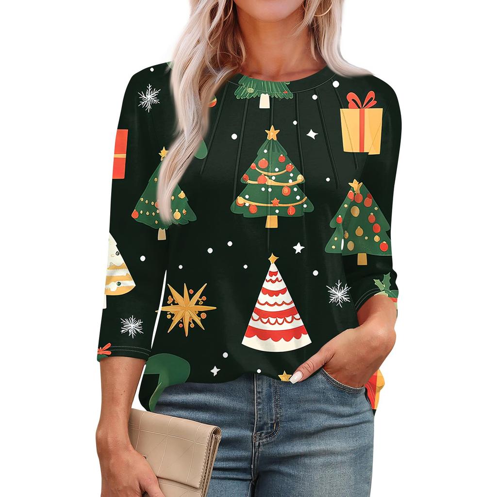 Женская модная футболка с круглым вырезом и рукавом 3/4 с рождественскими принтами, повседневная базовая плиссированная футболка-пуловер