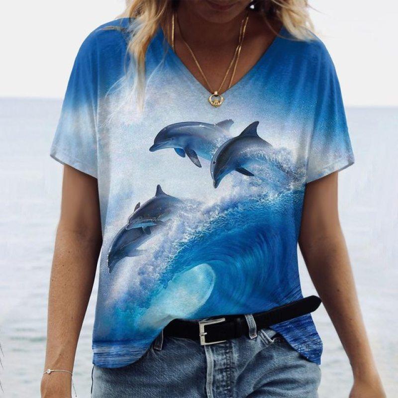 2023 Women's T-Shirt Dolphin Print Top V-Neck Fashionable Women's Loose T-Shirt