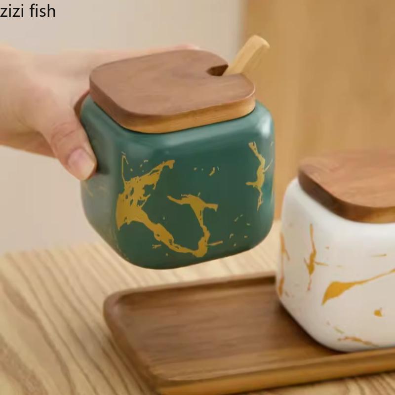 Матовый керамический баночка для специй с деревянной крышкой Кухонная банка для соли Банка для специй Шкатулка для специй Бутылочка для приправ Банки для чили Контейнер-органайзер