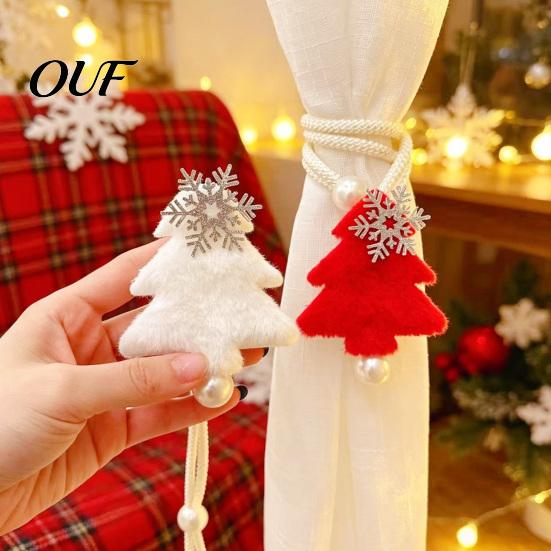 Christmas Themed Room Decor Tree Curtain Tieback with Snowflake Pearl Decor, Fabric Xmas Festive Gauze Accessories Drape Holder, Adjustable