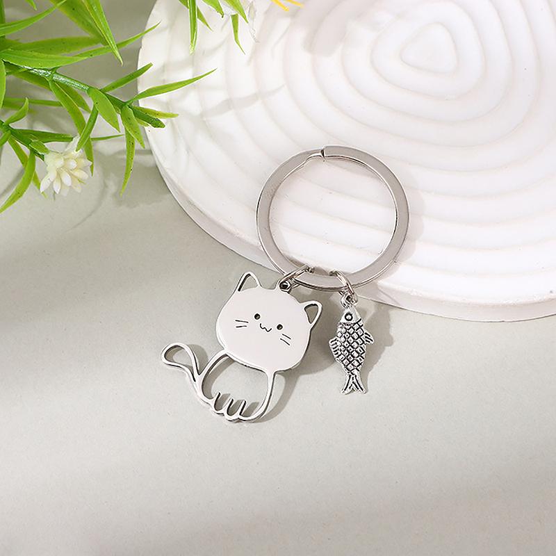 Funny Cartoon Cat Fish Keychain Couple Lovers Stainless Steel Keyring Lovely Pendant Key Chain Valentine'S Day Gift Jewelry
