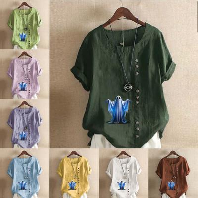 Женская модная футболка Ghost Printed с круглым вырезом и коротким рукавом, повседневная рубашка из хлопка и льна с рисунком, свободная летняя блузка для отдыха, топы