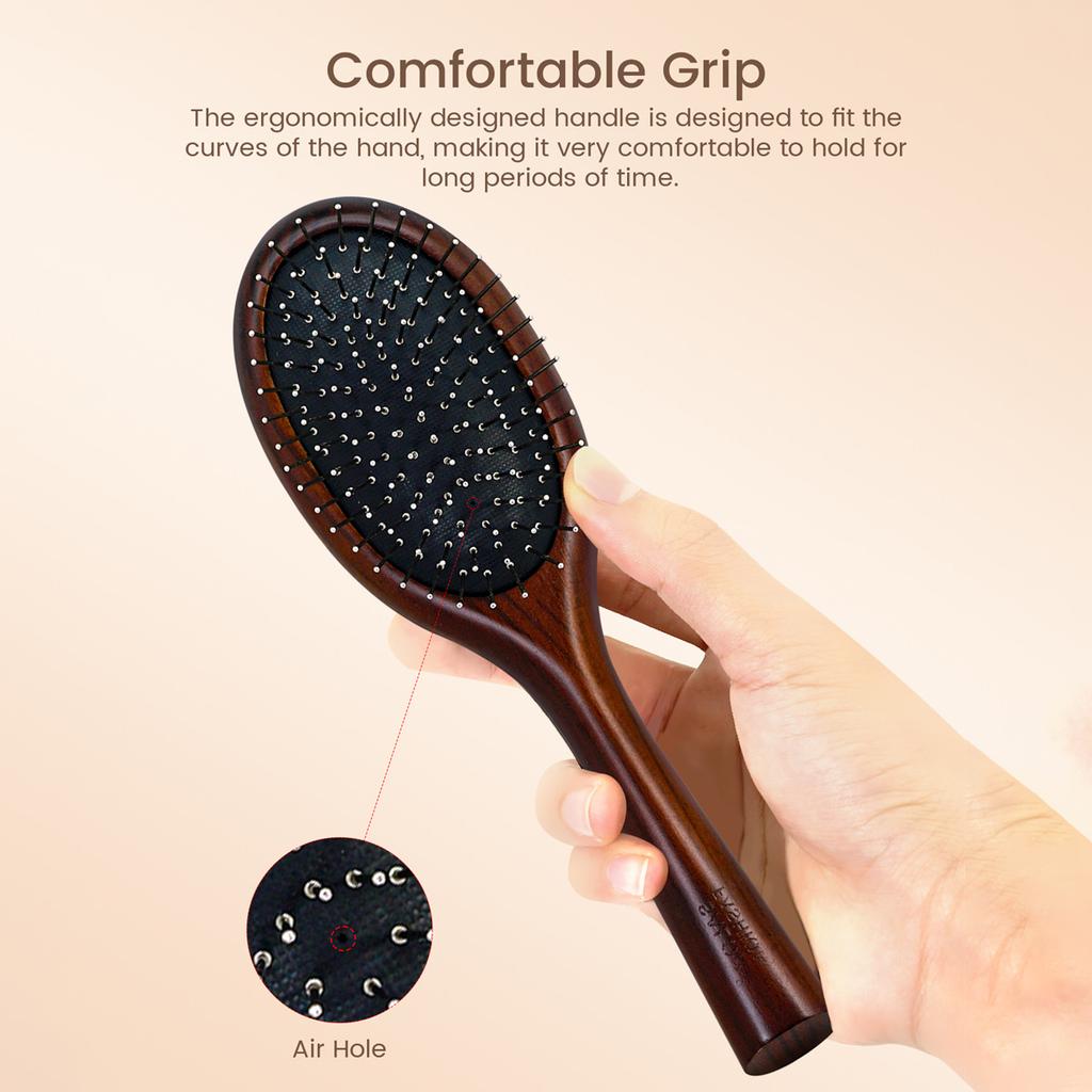 Natural Wooden Paddle Hair Brush with Metal Bristles Scalp Massage Air Cushion Comb for Detangling Hair Growth Hair Care Tool