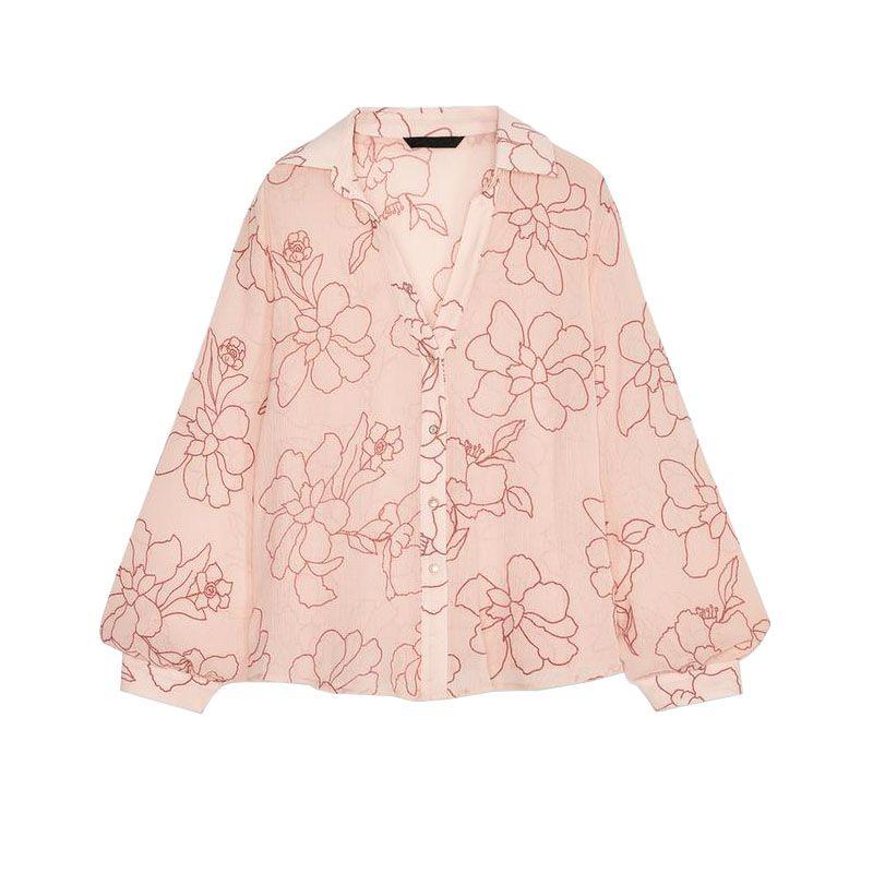 Spring New Women's Clothing Vacation Style Embossed Flower Decoration Drape Loose Long Sleeves Lapel Shirt 3564061