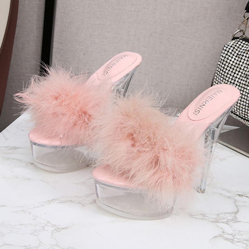 Женские туфли на шпильке, прозрачные пушистые пикантные модные сандалии на каблуке 14 см и платформе 4 см WZ