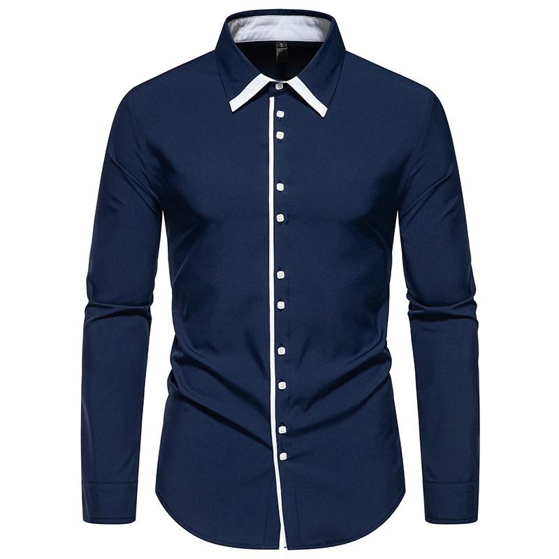 Men's Handsome Contrasting Color Double-layer Collar Long-sleeved Shirt Business Casual Long-sleeved Shirt
