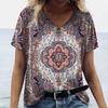 New Women T-shirt Ethnic Pattern Print Oversized Women's Trending Clothing Fashion Short Sleeve Shirt Women V-Neck Blouse 2024
