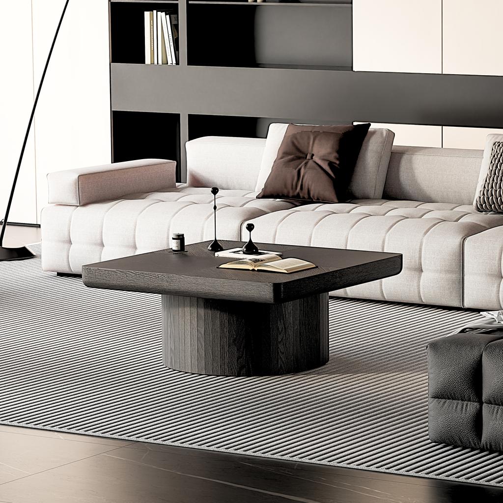 78cm Square Coffee Table for Living Room, Modern Wood Veneer Top with Parquet Pattern & Cylindrical Base, Thickened Tabletop, Easy Assembly, Black