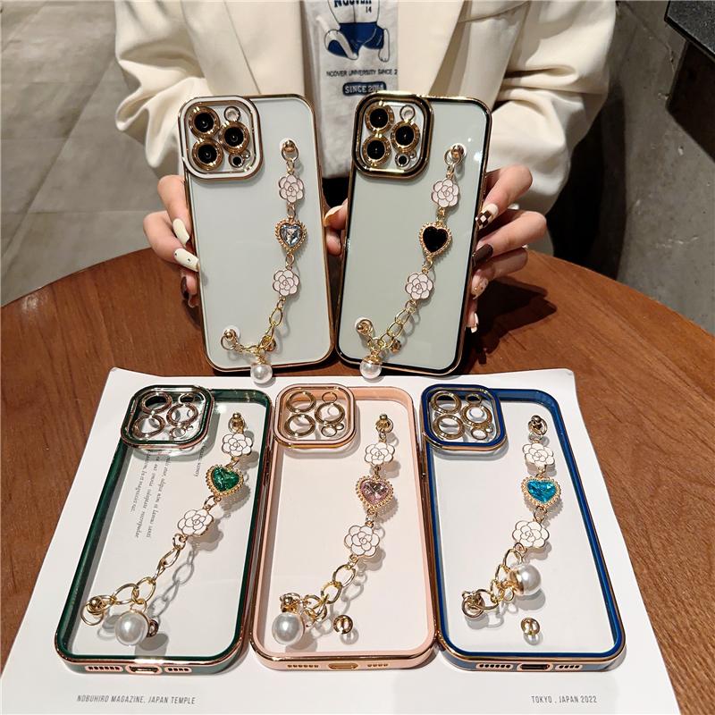 Plating Diamond Pearl Flower Bracelet Case For Redmi Note 12 11 10 9A 9T/iPhone 11 12 13 14 Pro Max X XR XS /Samsung S23 S22 Ultra A14 A34 A54 A33 A53