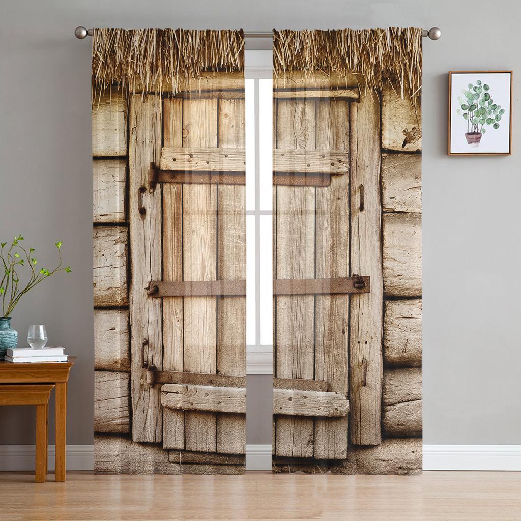 Wooden Door Stone Wall Shabby Retro Tulle Curtains for Living Room Decoration Modern Chiffon Sheer Voile Kitchen Bedroom Curtain
