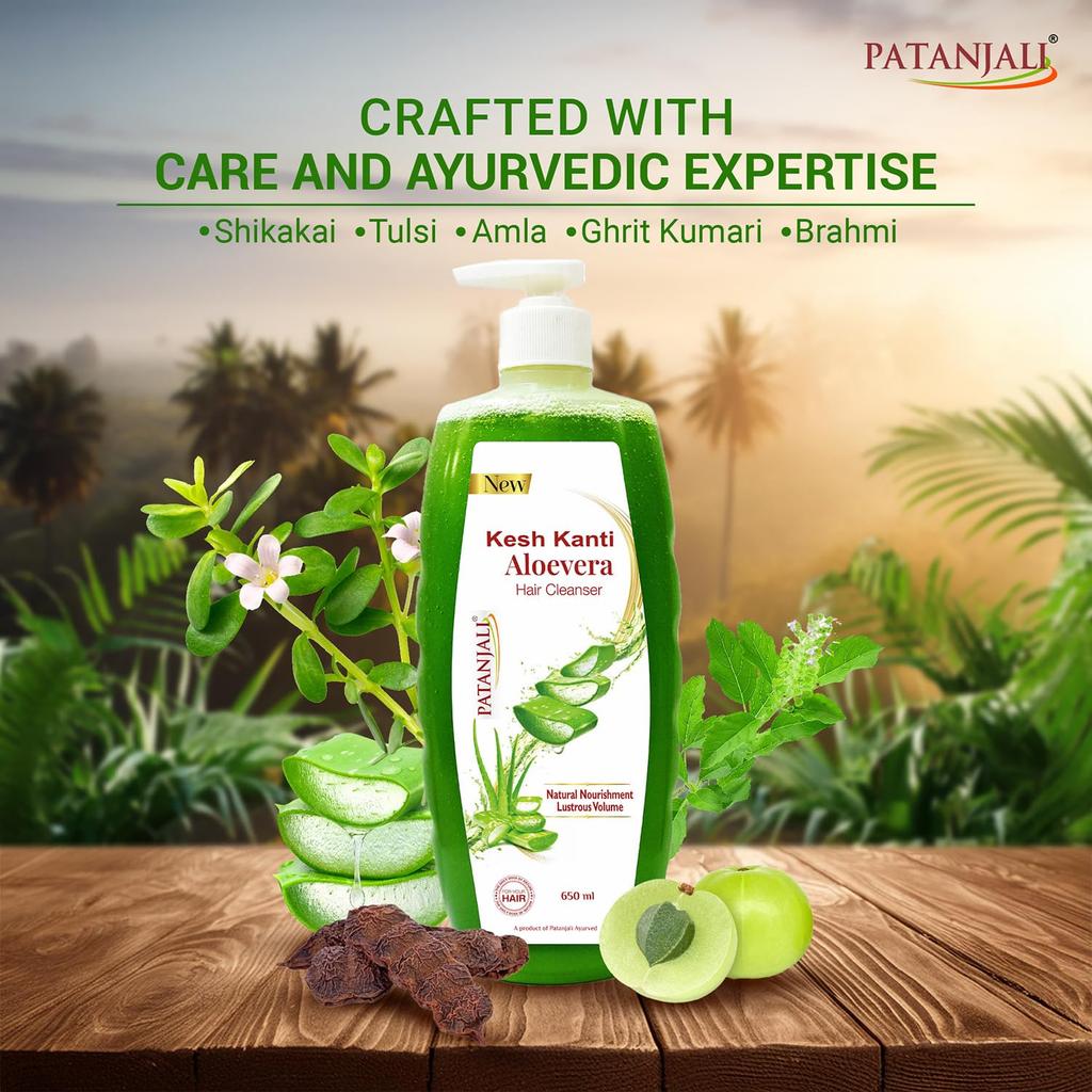 Patanjali Kesh Kanti Гель-шампунь для волос с алоэ вера 650 мл Питательный шампунь для сильных, гладких волос Все типы Ежедневное использование