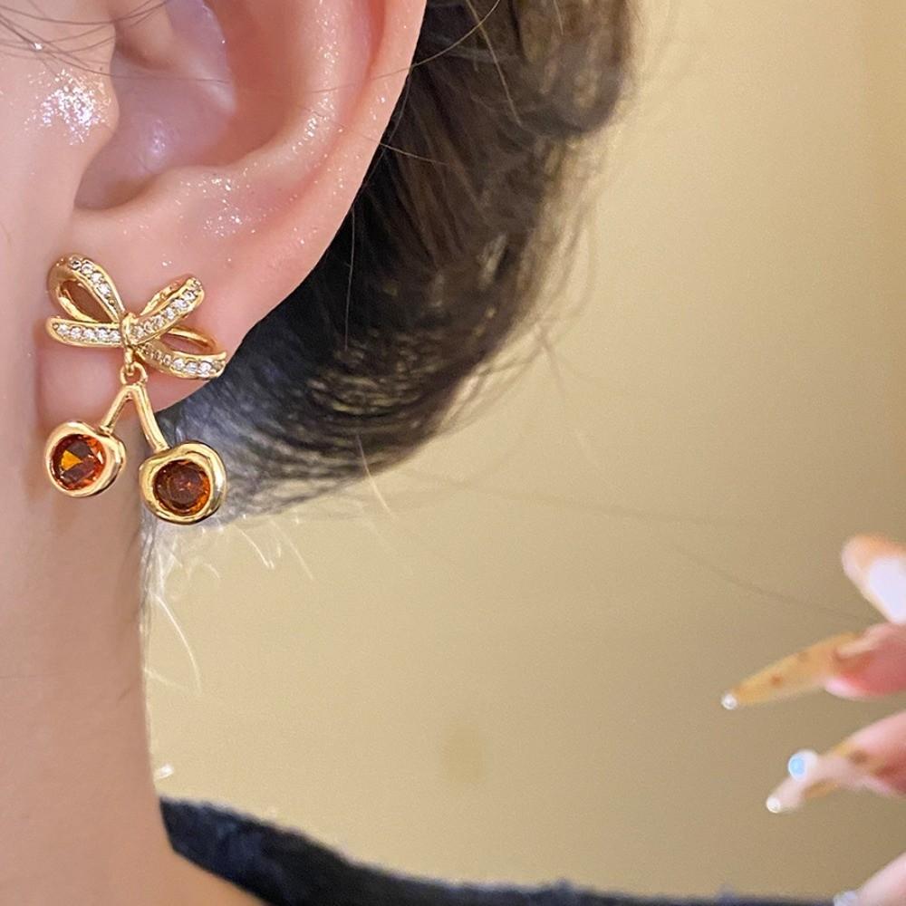 Copper Bow Cherry Earrings Zircon Retro Fruit Earrings Elegant Bow Drop Earrings Party Dress