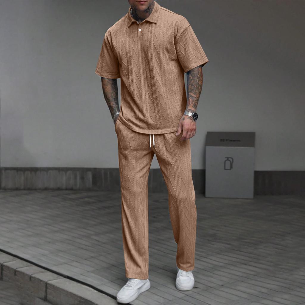 Men's Solid Color Textured Short Sleeved Trousers Suit Men's Casual Suit