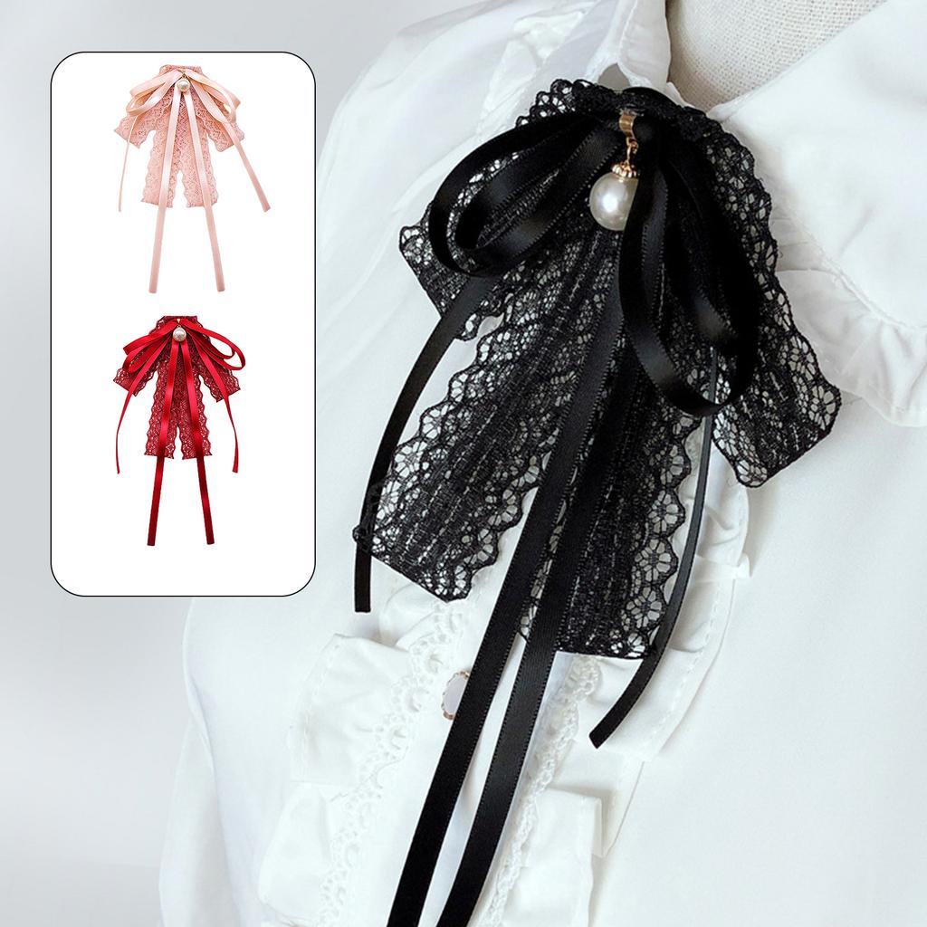Womens Lace Ribbon Bowtie Brooch Pin Student JK Uniform Shirt Jabot Collar Pearl Pendant Pre-Tied Bowknot Necktie Clip