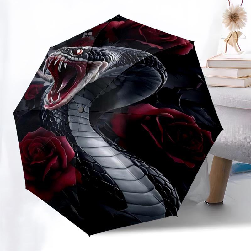 Black Snake & Red Roses: Automatic Opening/Closing Umbrella with Foldable Design, Iron Frame, Outdoor Use, Perfect Gift for Fans, Travelers,