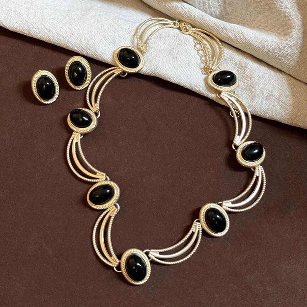 Korean Style Oval Earrings Black Gold Bridal Jewelry Sets Fashion Vintage Necklace Wedding
