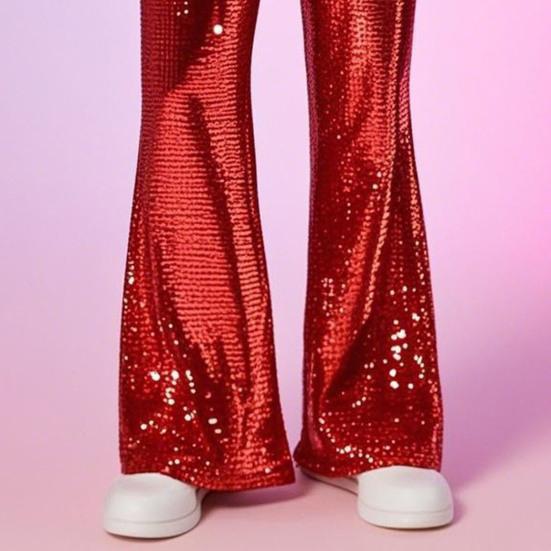 Men's Sequin Flared Trousers Shiny Hip-Hop Disco Pants Elastic Waist Retro Wide Leg Pants for Stage Performance Night Club Bar Dance