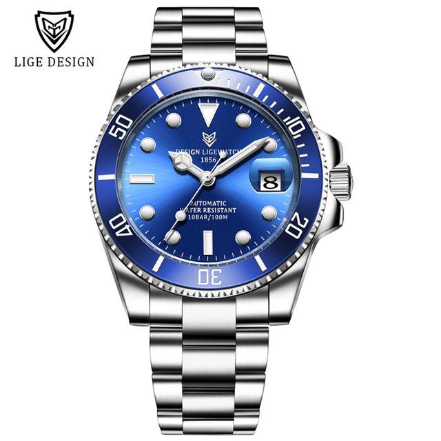 LIGE Automatic Movement Watch Man Luxury Fashion Diver 100M Waterproof Luminous Men Watch Steel Automatic Mechanical Watches+box