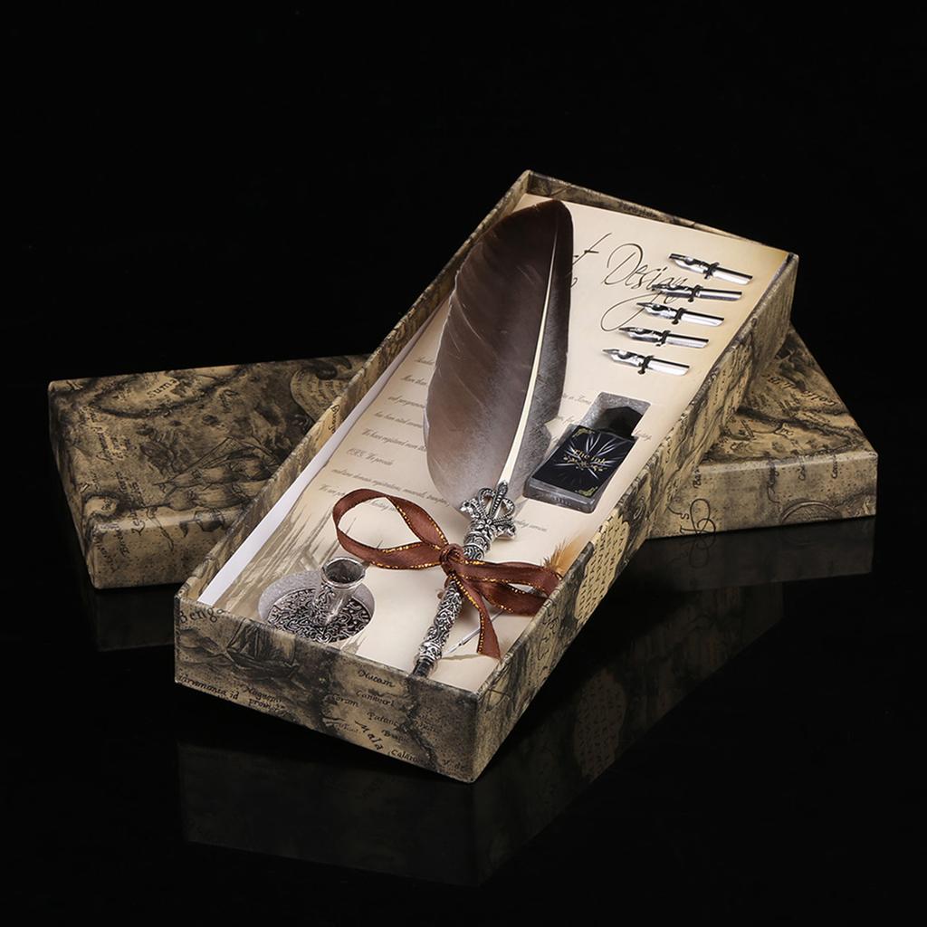 English Calligraphy Feather Dip Quill Pen Writing Ink Set Stationery Gift Box with 5 Nibs