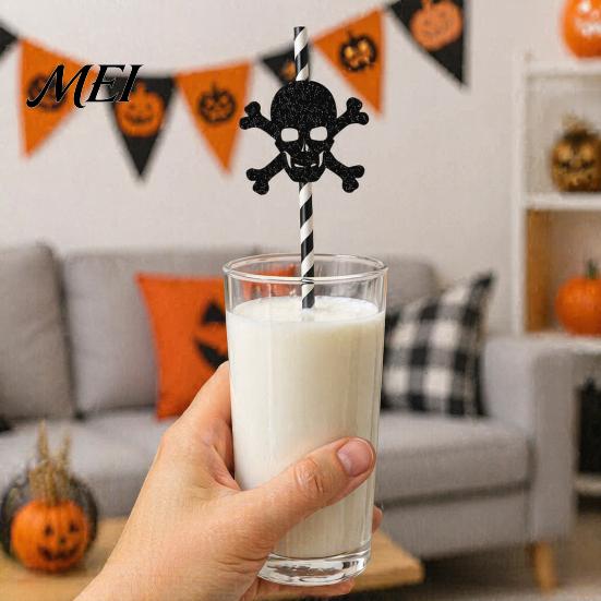 Halloween Celebration Accessories 9 Pcs Paper Straws, Glitter Pumpkin Bat Witch Ghost Cat Drinking Eco Friendly Party Straws Straw, Black White Stripe