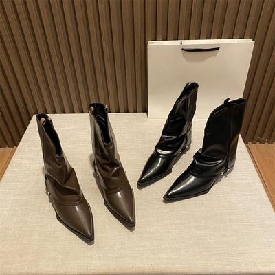 Дизайнерский стиль, темперамент, Spice girl, модные брюки, сапоги на толстом каблуке, осень и зима 2024, новые остроносые ботинки-сигареты на низком каблуке, короткие сапоги