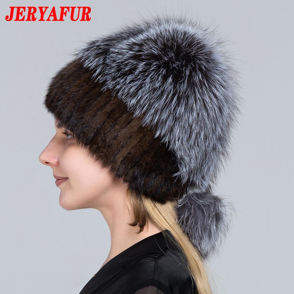 JERYAFUR Женская зимняя меховая шапка из натурального меха, вязаная меховая шапка с помпоном из норки и лисы с шариками, стильная теплая модная шапка для девочек, шапка