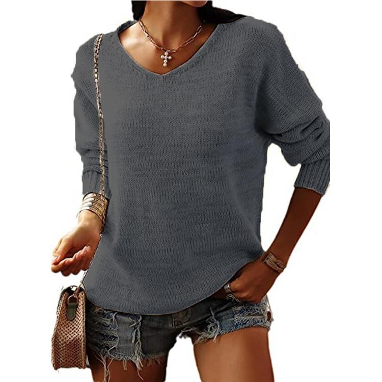 Casual Solid Knit Sweater Ladies V Neck Crew Neck Warm Daily Long Sleeve Blouse