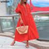 Women Stand Neck Puff Sleeve Buttons Pleating Casual Loose Long Swing Dress