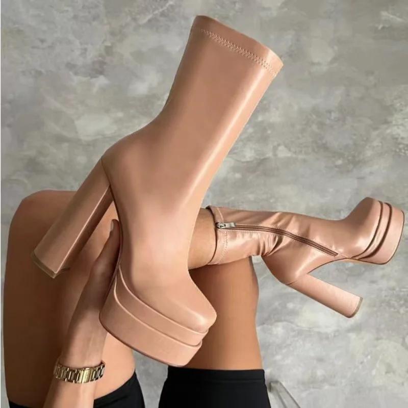 Осень и зима новые теплые женские туфли с водонепроницаемой кожаной поверхностью ультравысокий толстый каблук квадратный носок женские ботинки