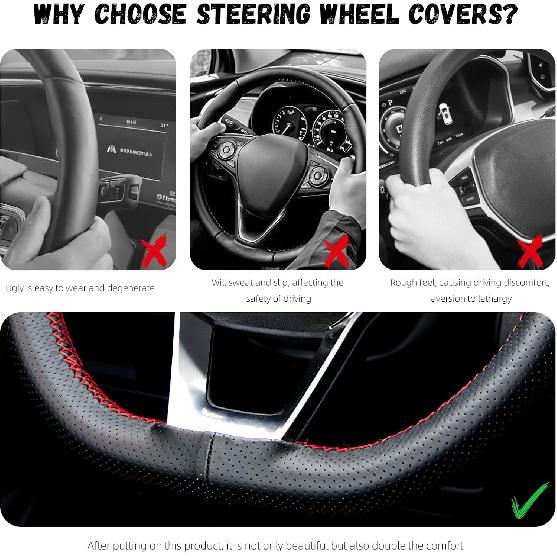 Leather Steering Wheel Cover, DIY Sewing With Needle & Thread, Breathable Anti-Slip Car Steering Wheel Protector, Universal 15 Inch Auto Steering