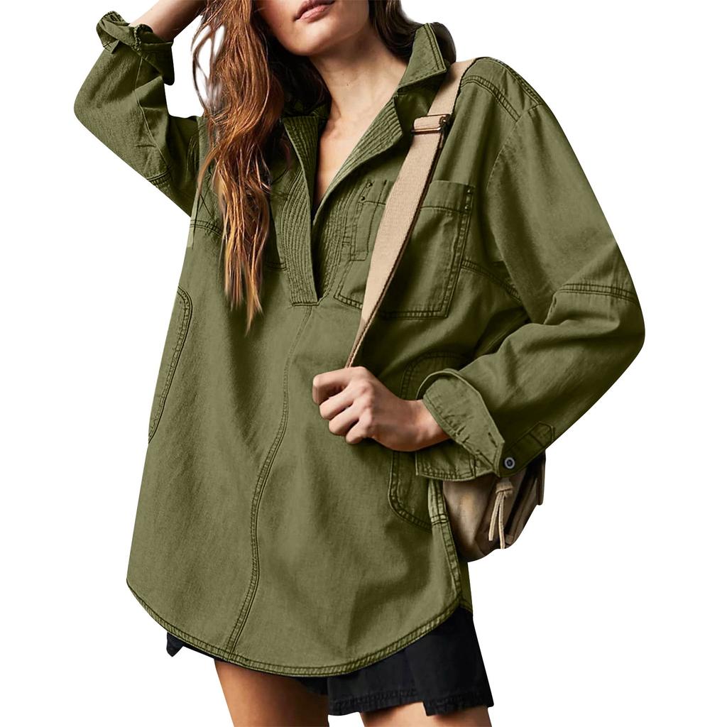 Women's Denim Pullover Casual Button V Neck Blouse Loose Fit Long Sleeve Jean Jacket With Pocket