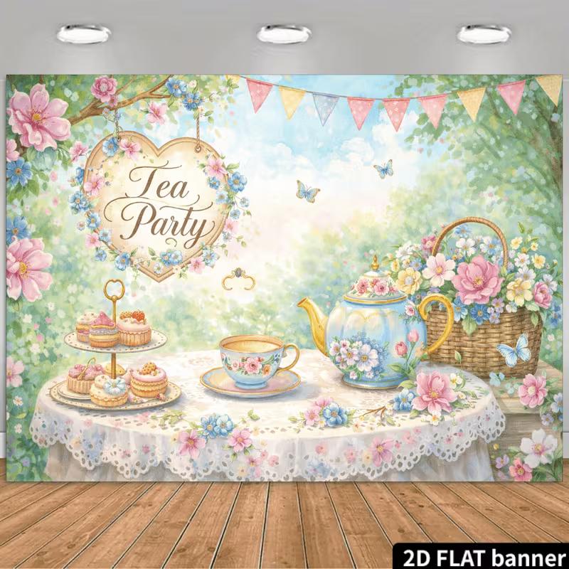 2D Vintage Tea Party Banner, Watercolor Garden Floral Tea Cup Photo Booth Background