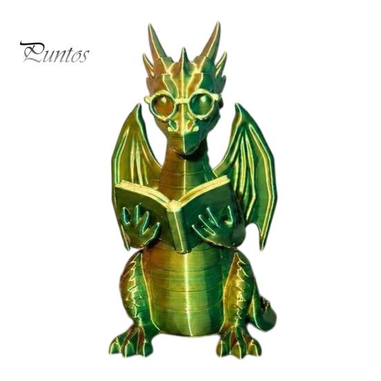 Collectible Dragon Ornament Reading Figurine with Glasses, Statue, 3D Printed Statue Bookshelf Decor, Whimsical Desktop Ornament, Gift for Book Lovers