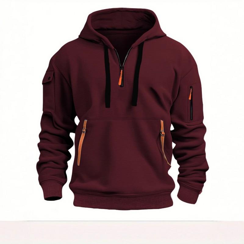 Mens Hooded Zip-Up Sweatshirt With Multiple Pockets Lightweight Cotton Blend Casual Sportswear Winter