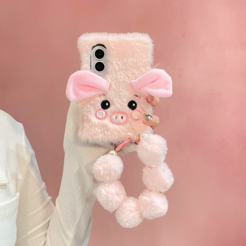 Kawaii Cartoon Plush Pig Phone Case For Samsung Z Fold 8 Ultra 7 6 5 4 ZFold8 Fold7 Fold6 Cover with Chain Fur Fluffy Cute Cases