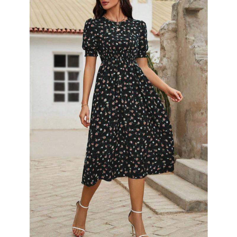 Elegant Summer Short Sleeve Fashion Floral Dress O Neck Women Loose Printed Casual Simple Aline Party Dresses Holiday Slim Fit Pleated Clothing