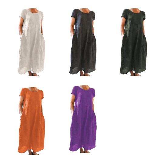 Летнее платье макси с боковыми карманами, круглым вырезом, короткими рукавами, свободное однотонное платье длиной до щиколотки в стиле ретро для повседневной носки, свиданий, путешествий