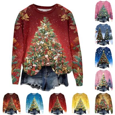 Женская толстовка с рождественским принтом, с длинным рукавом и круглым вырезом, свободный топ