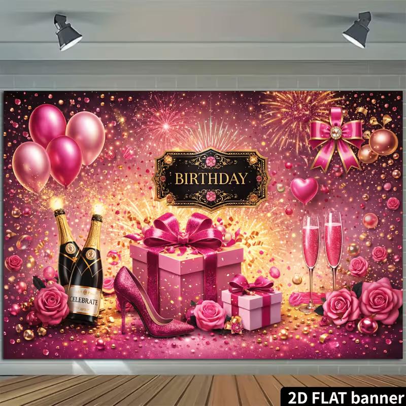 2D Happy Birthday Pink Gold Champagne Heel Backdrop Banner Party Photo Background