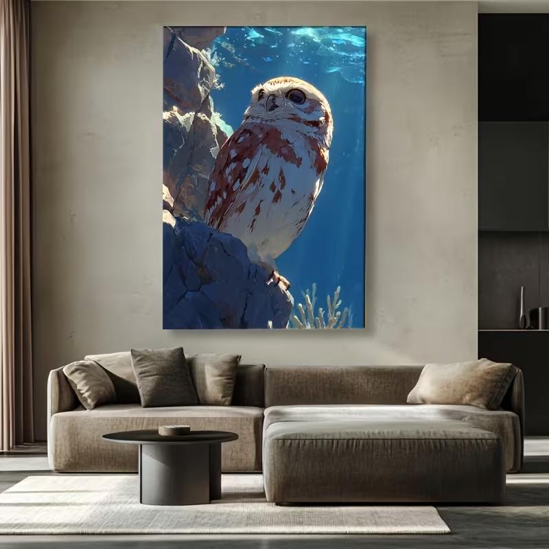 2D Flat, 1pc Modern Abstract Brown & White Owl Frameless Canvas Painting - Waterproof Christmas Wall Art